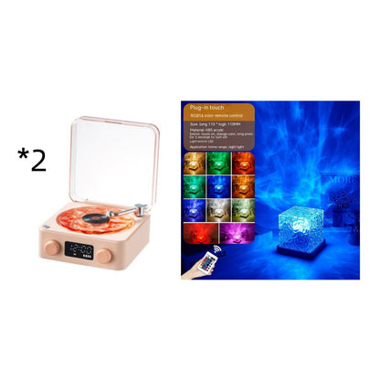 Retro Turntable Speaker Wireless Bluetooth Vinyl Record Player Stereo Sound With White Noise RGB Projection Lamp Effect